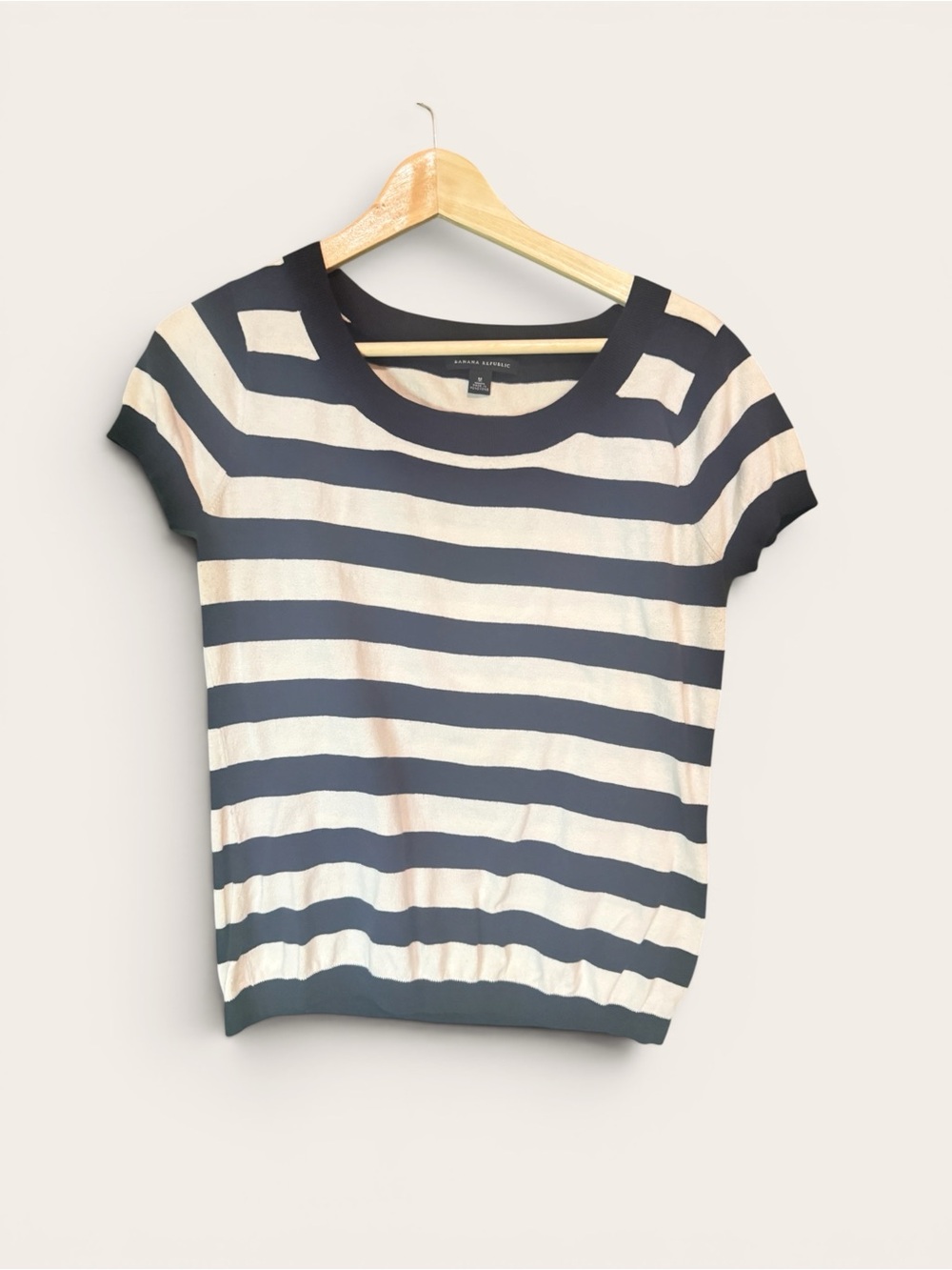 Banana Republic Navy and White Striped Short-Sleeve Knit Top